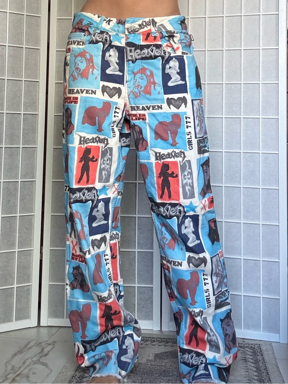 Graphic Patchwork Wide Leg Jeans in Light Blue